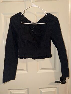Women's Hollister Black Eyelet Long-Sleeve Smocked Waist Top